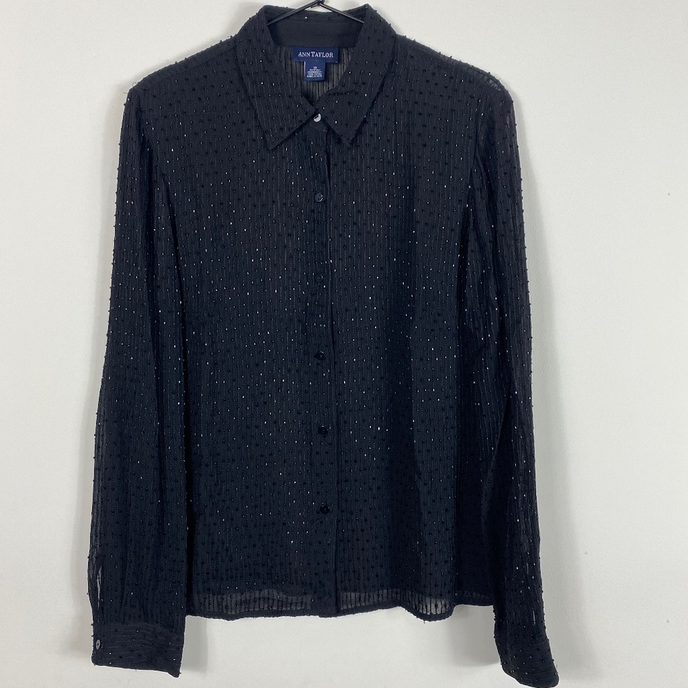 Ann Taylor Vintage Beaded Sheer Button Shirt Blouse 100% Silk